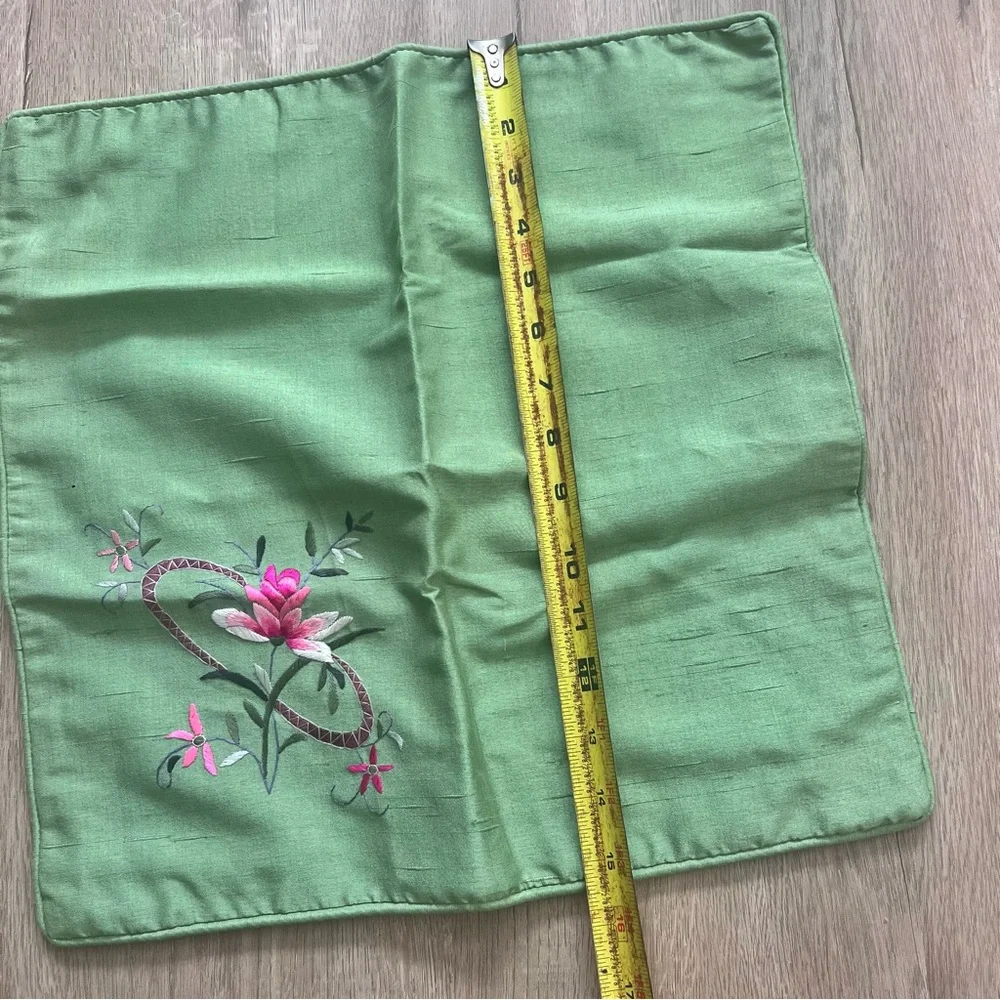 Vintage Chinese Green Silk Hand‎ Embroidered Flowers Pillow Sham Cover 15”